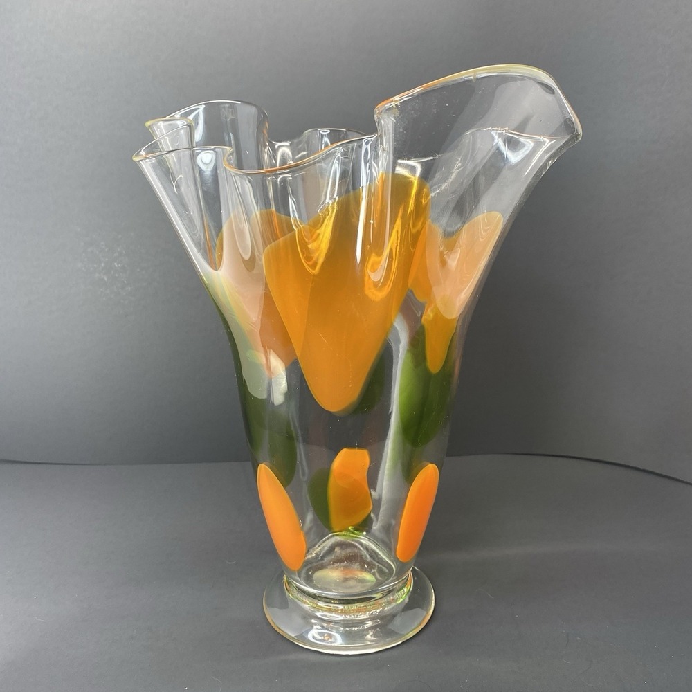 Clear Art Glass Vase Orange And Green Ovals 10" X 7" Ruffled  2.4lb ‎ Hand Blown
